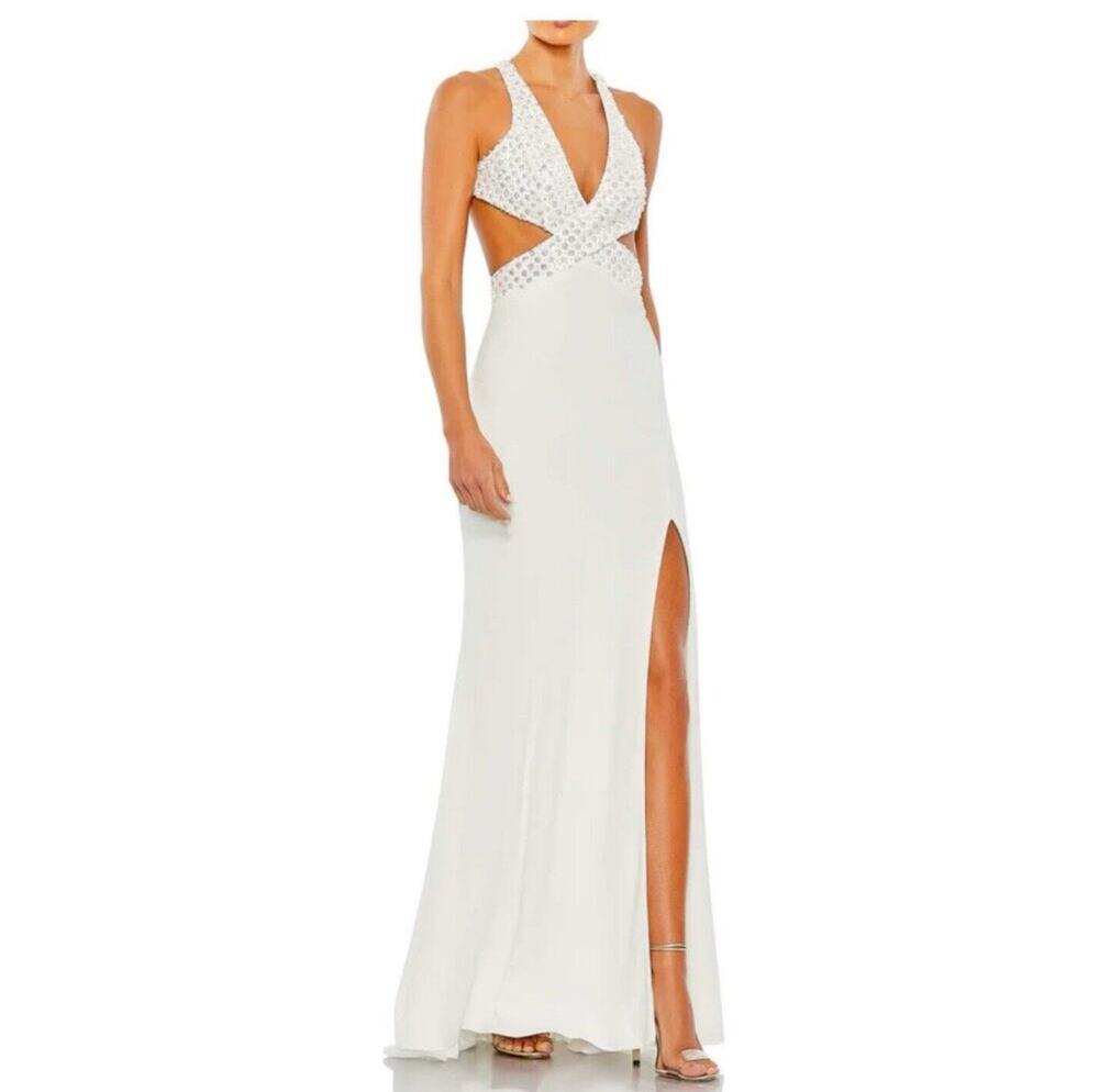 Mac Duggal White Sequin Halter Cutout Formal Evening Gown Dress Sz 8 #68166 $298